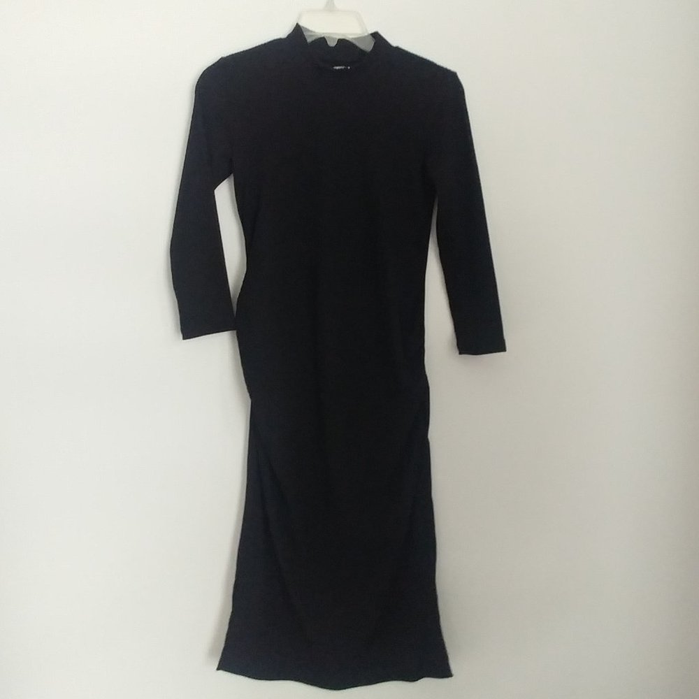 Black Knit Maternity Dress size XS Fitted & Ruched Midi Side Slits High Neck